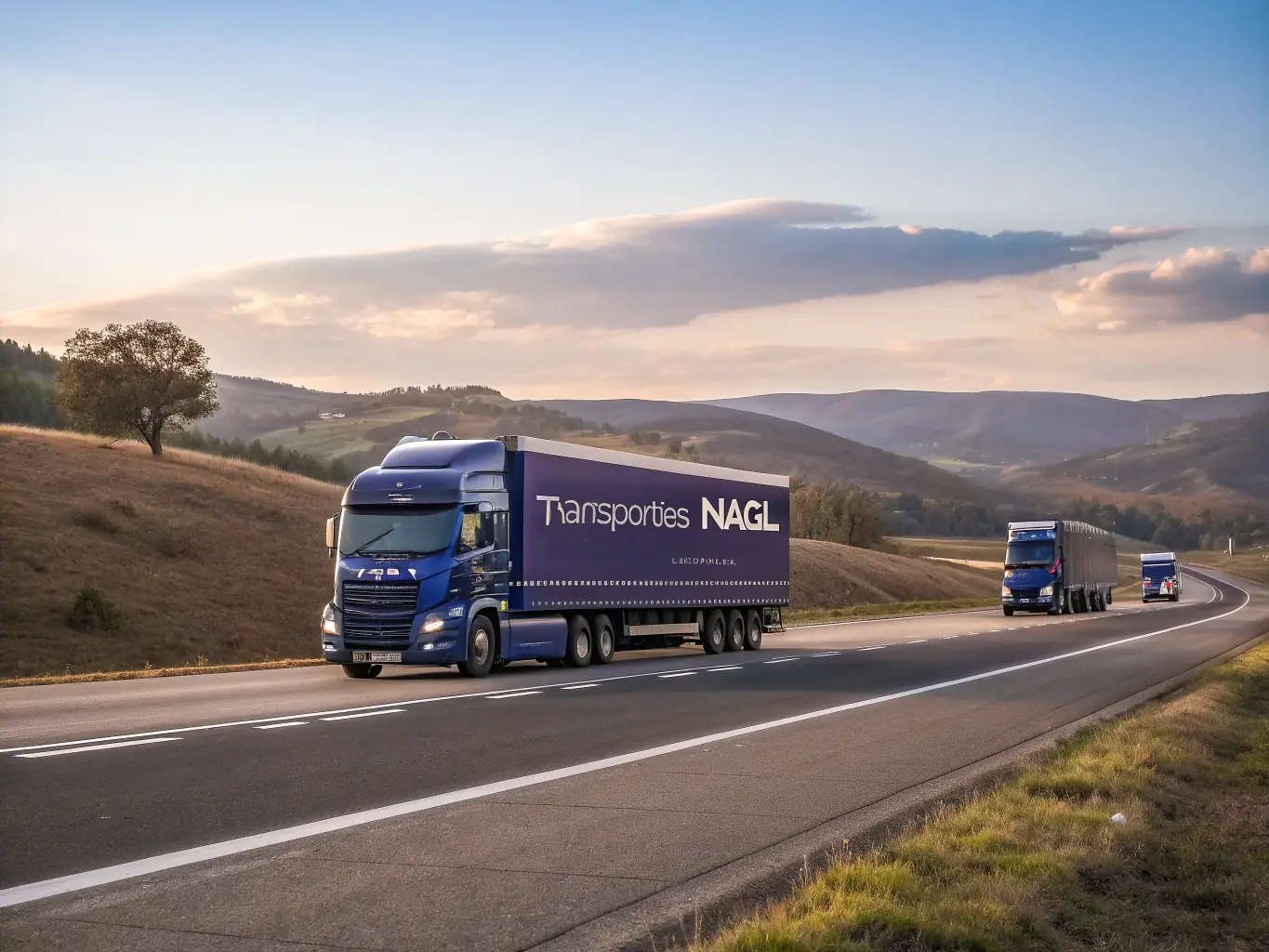 A dynamic shot of Rush Delivery Lines' modern trucking fleet on a busy highway, emphasizing speed and reliability in transportation.