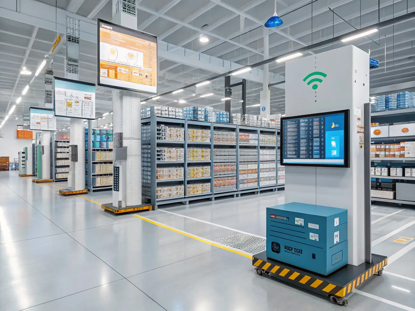 An interior view of Rush Delivery Lines' state-of-the-art warehouse, showcasing organized storage, advanced inventory systems, and security measures.