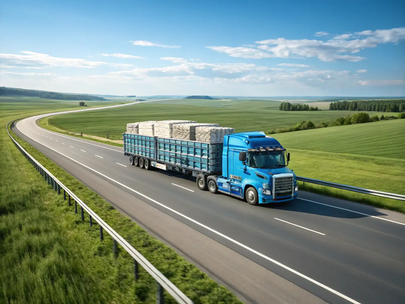 A modern Rush Delivery Lines truck on a highway, carrying a full load of goods, symbolizing efficient and reliable trucking services.